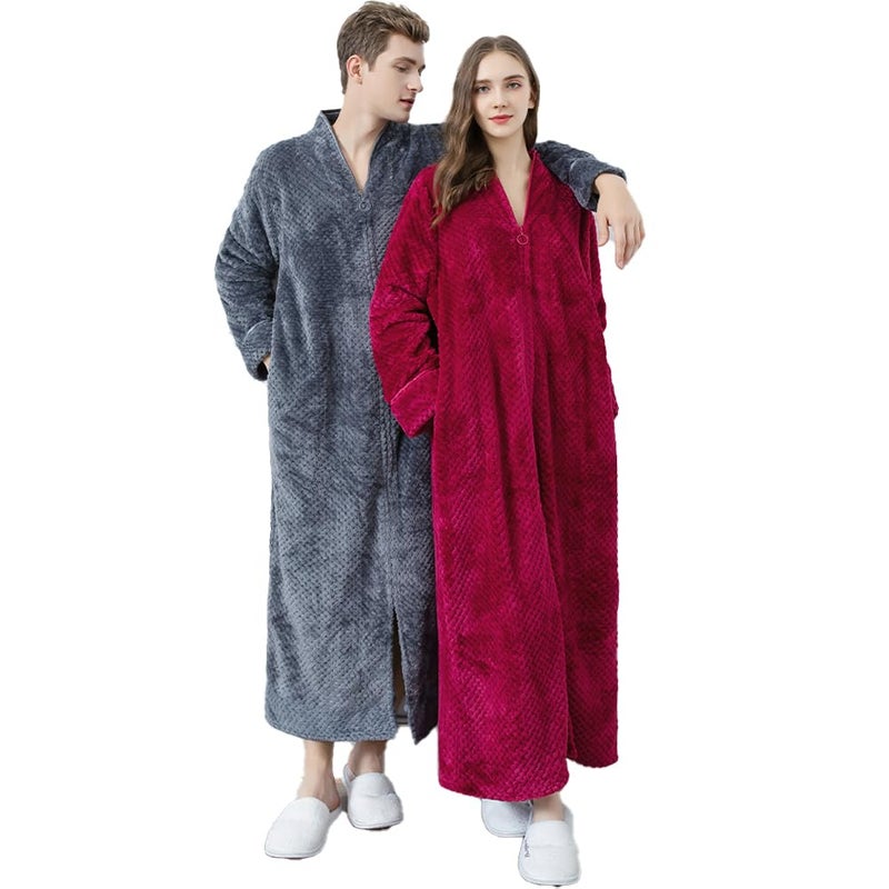 Oksun Womens Fleece Warm Robe: Cozy Flannel Long Zipper Bathrobe - Plush Winter Housecoat Nightgown (Red, Large) - Image 4